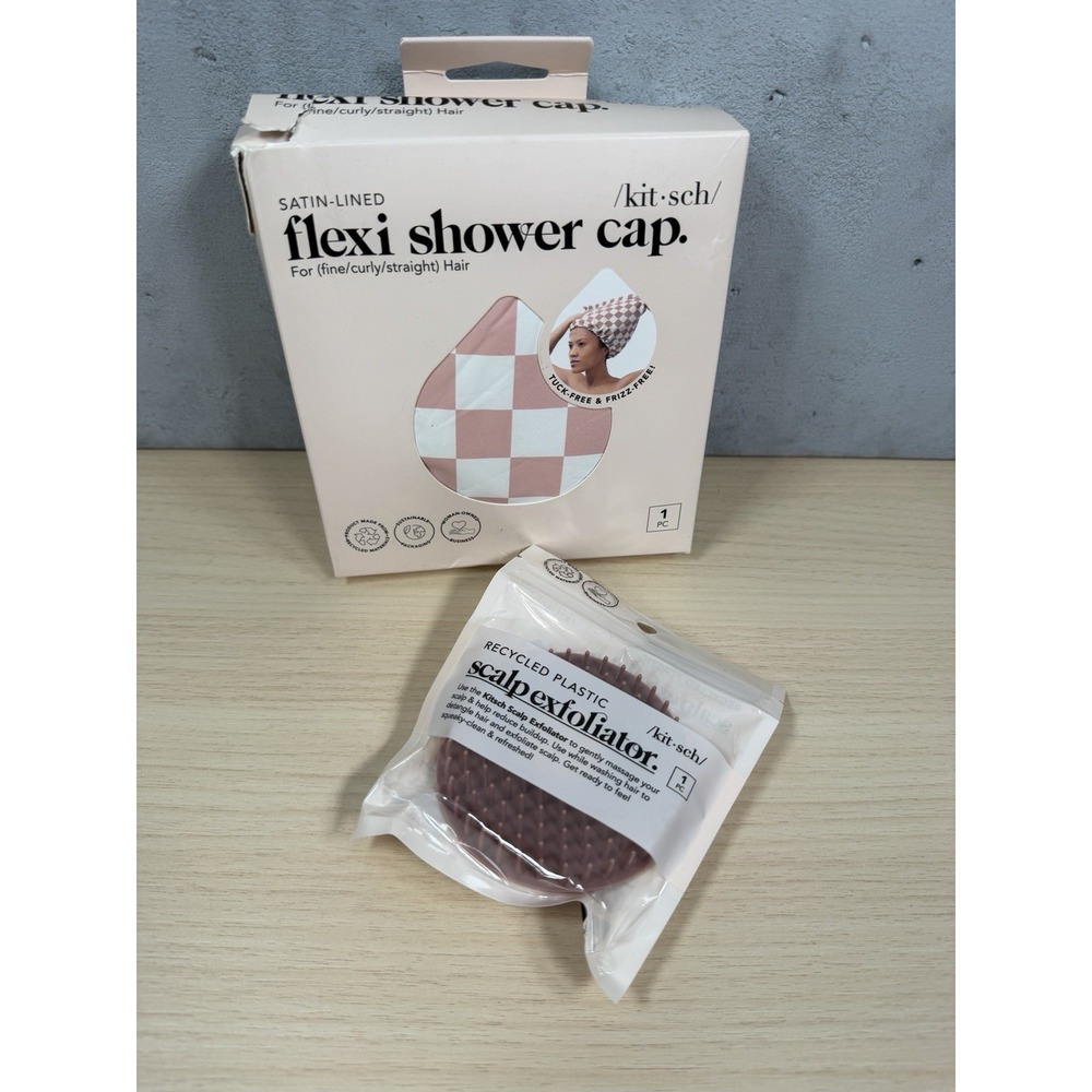 2 Pk Kitsch Satin Lined Flexi Waterproof Shower Cap Terracotta Scalp‎ Exfoliator